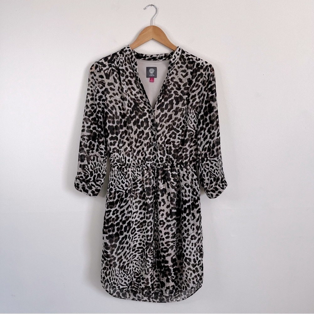 Vince Camuto Leopard Print V-neck Button Down Cinched Waist Dress